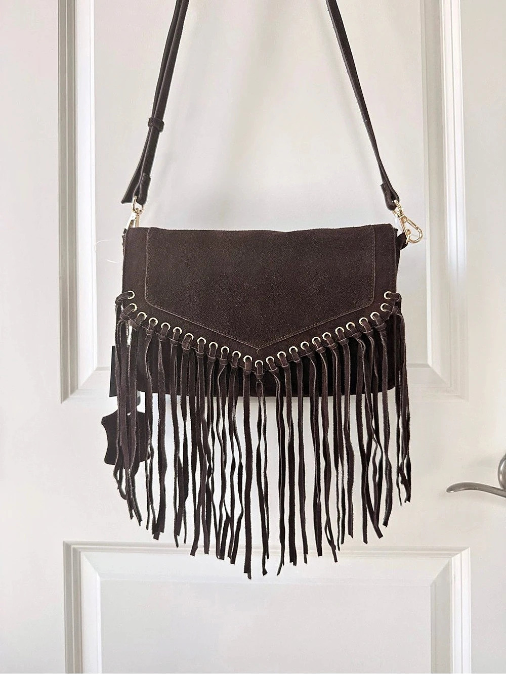 Haute Hippie Envelope With Eyelet Detail Suede Fringe Crossbody in Brown NWT